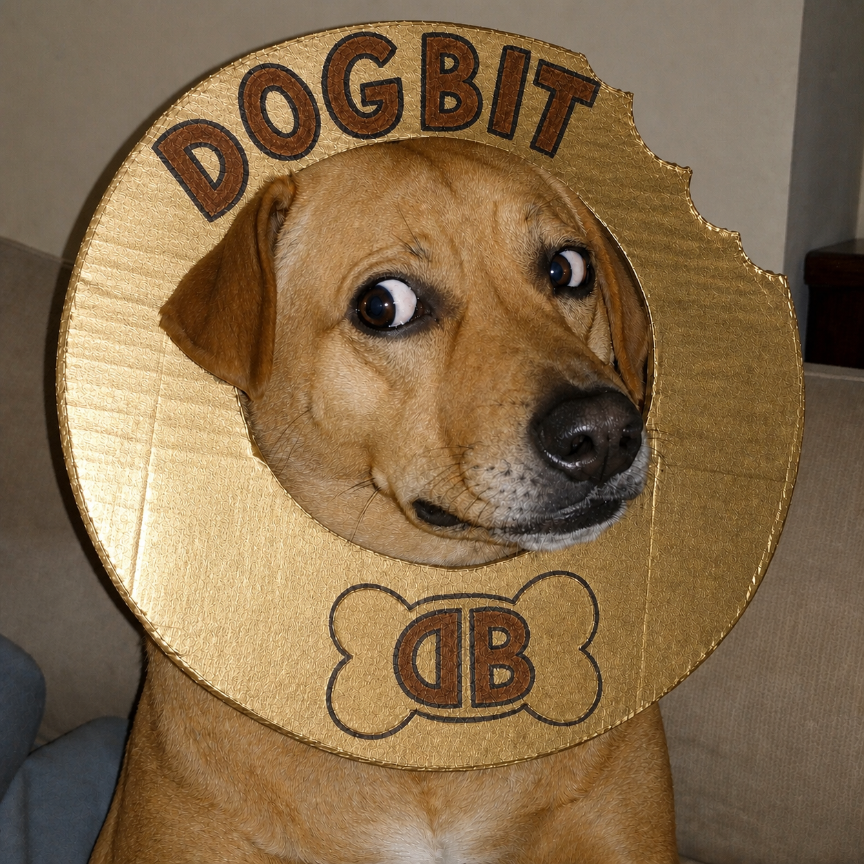 DOGBIT dog wearing a handmade gold coin collar